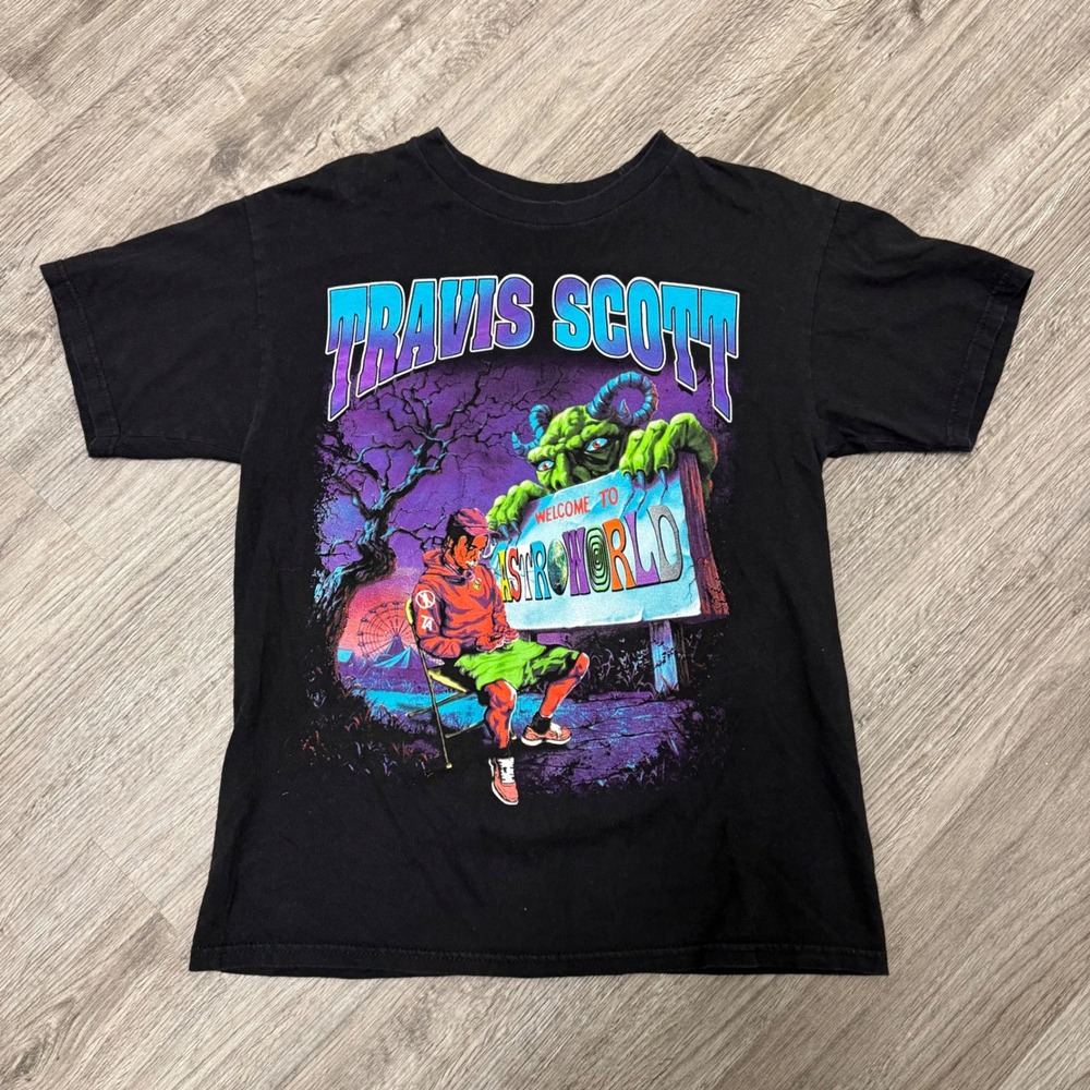 Travis Scott Astroworld Graphic T-Shirt Mens Medium Black Tee Styled Cotton